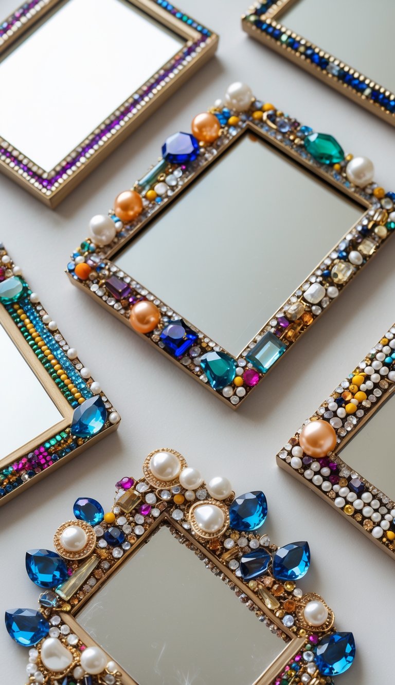 Several mirror frames decorated with broken jewelry pieces including beads, gemstones, and pearls arranged in artistic patterns.